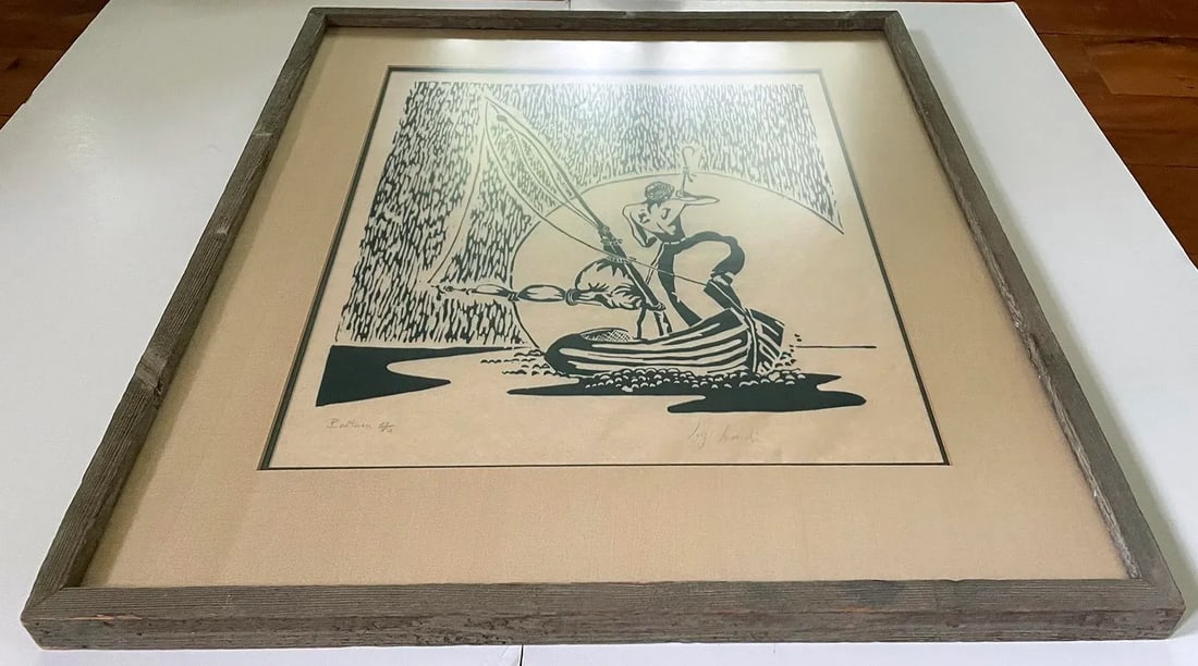 1970s "Boatman" Nautical Woodcut Print on Parchment, Framed - 9