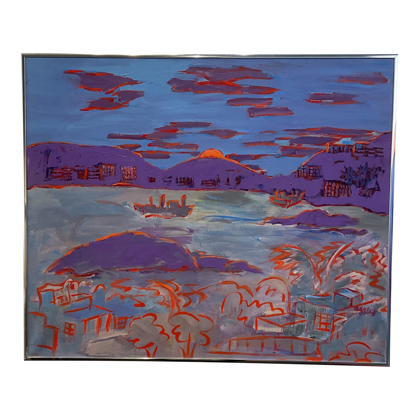 Midcentury Modern Landscape Painting Purple Molly J Schiff Acapulco Sunset: Molly draws inspiration from her extensive travels to 90 countries around the world and within the USA. Molly received a MAE, BFA and MFA and Post Grad work from the School of the Art Institute of