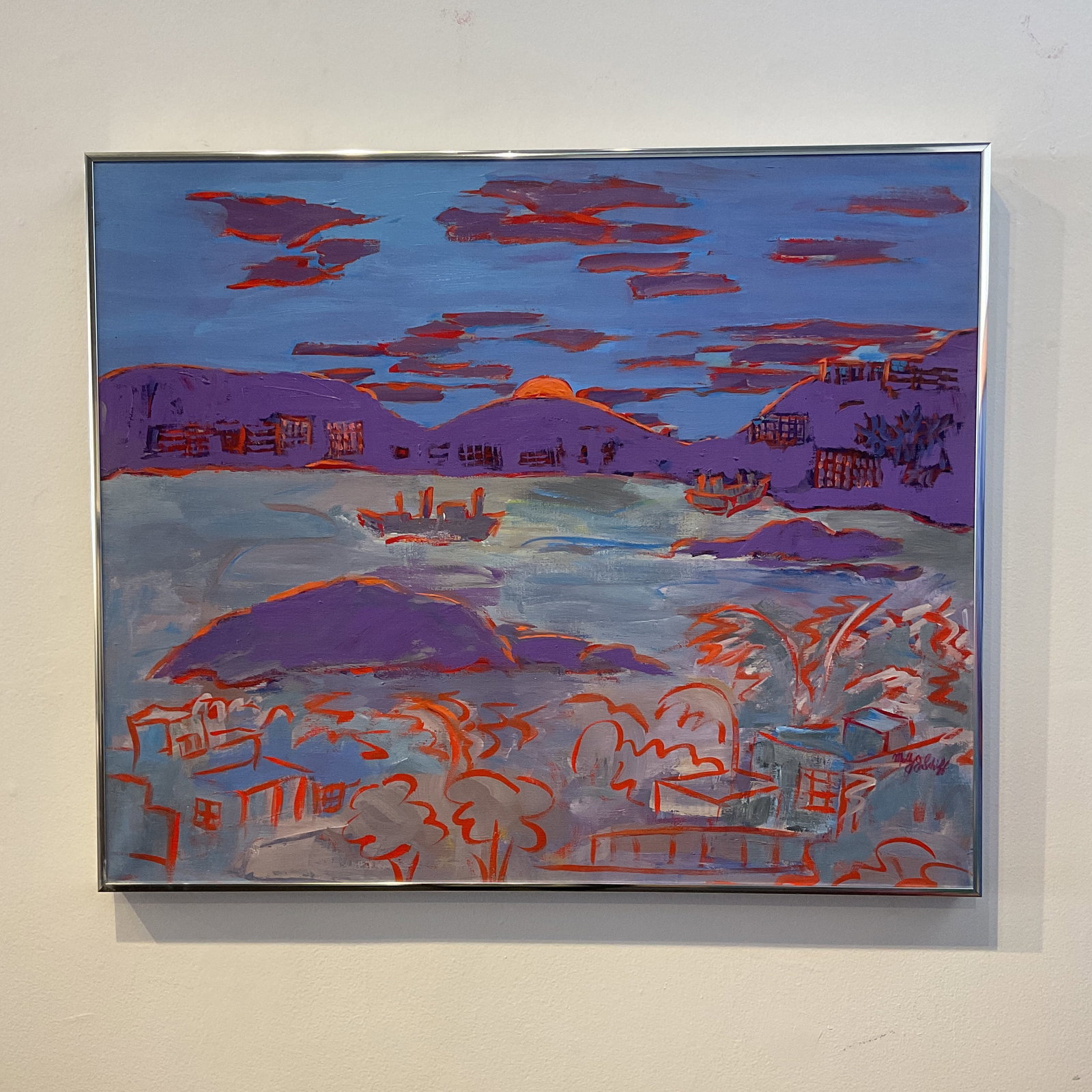 Midcentury Modern Landscape Painting Purple Molly J Schiff Acapulco Sunset - 2
