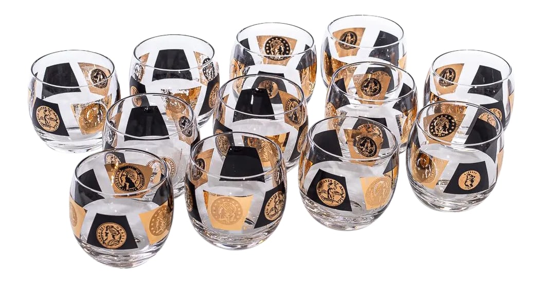 Vintage Large Cera Globe Gold and Black Cocktail Glasses, Set of 12: Fabulous set of 12 large vintage heavy globe 24k gold and black coin Cera cocktail glasses Condition: Alterations: Original Condition Unaltered Imperfections: Some Imperfections Condition Notes: very