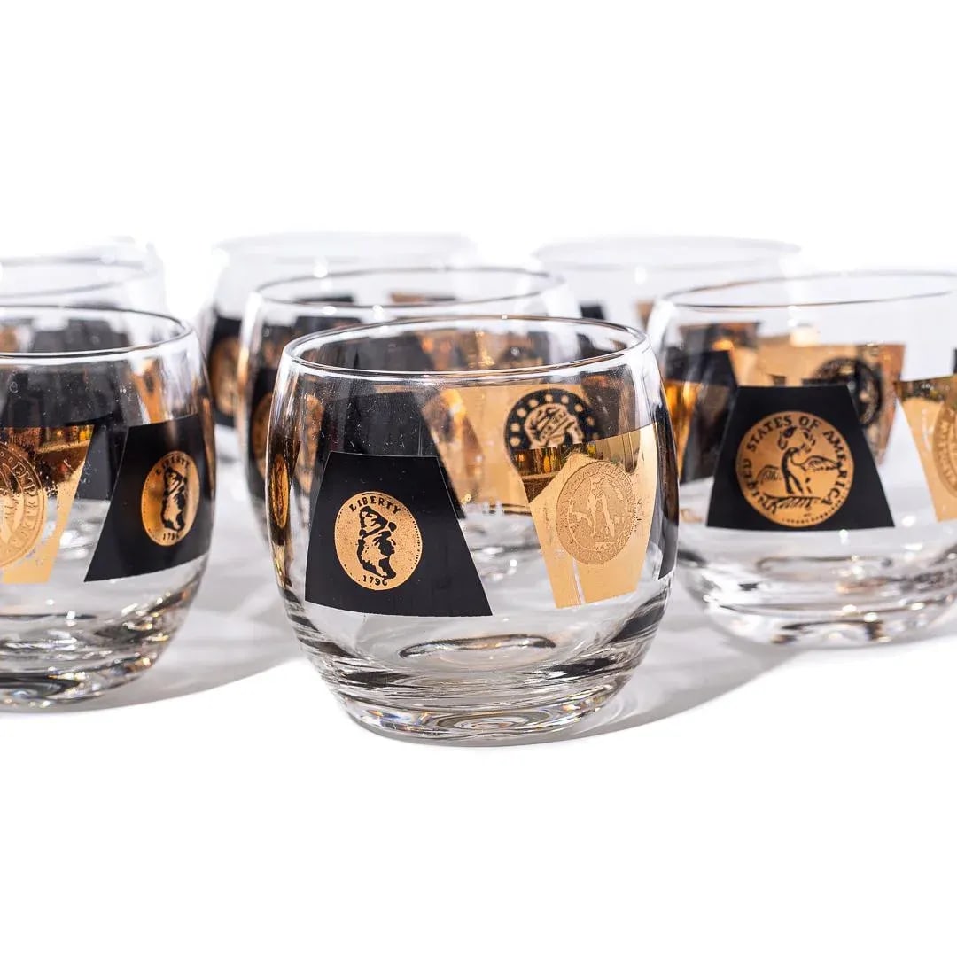 Vintage Large Cera Globe Gold and Black Cocktail Glasses, Set of 12 - 2