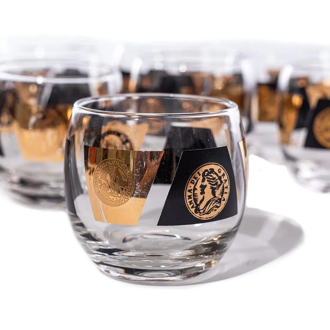 Vintage Large Cera Globe Gold and Black Cocktail Glasses, Set of 12 - 3