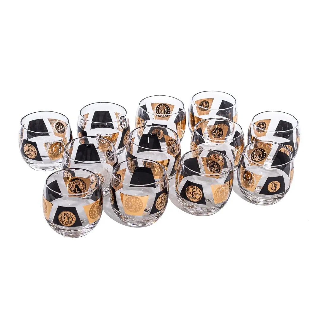Vintage Large Cera Globe Gold and Black Cocktail Glasses, Set of 12 - 5