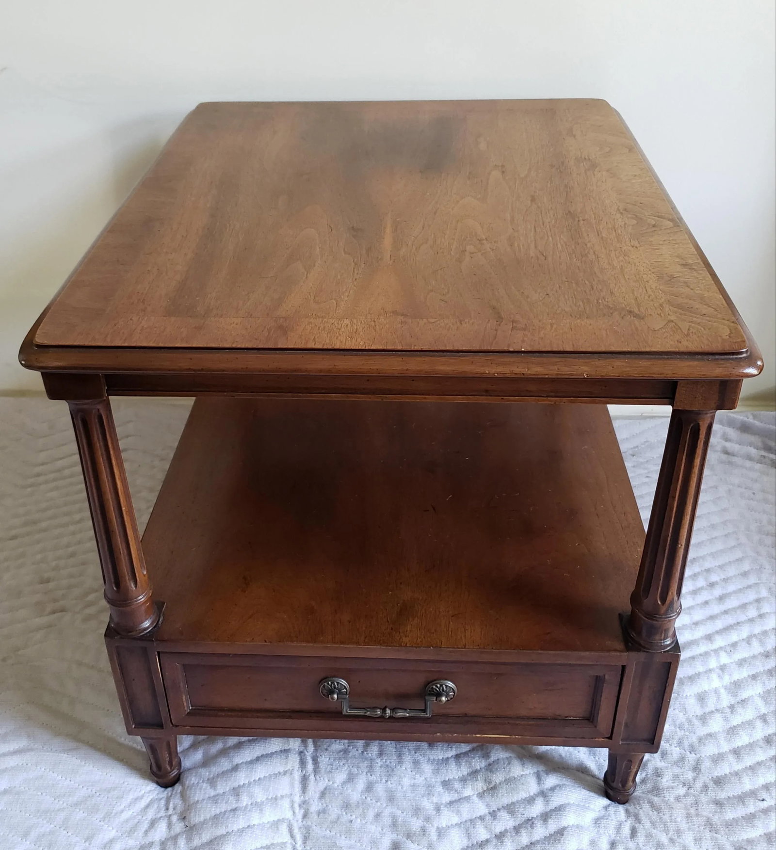 Henredon Two Tier Solid Walnut Side Table With Bottom Drawer - 11