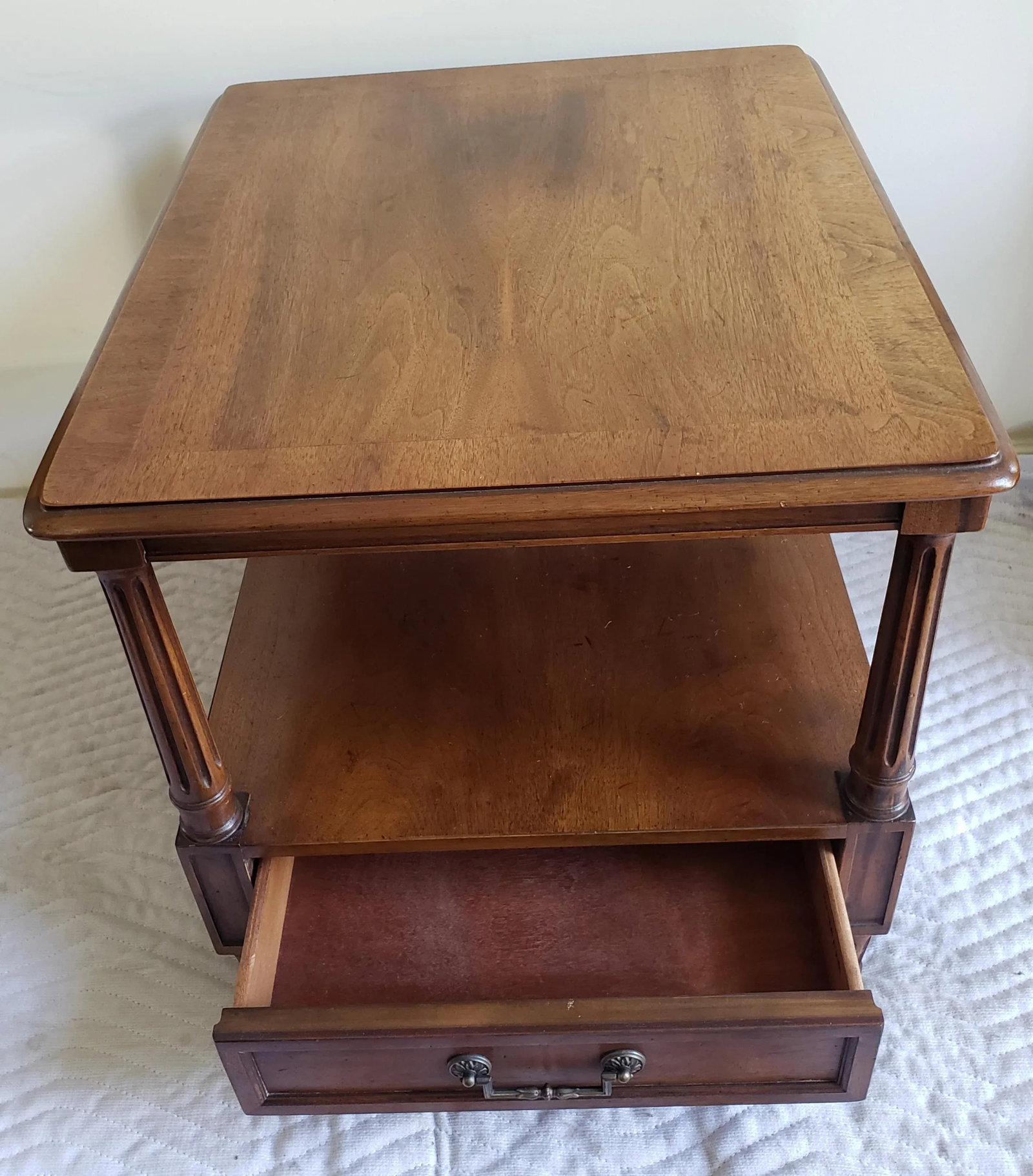Henredon Two Tier Solid Walnut Side Table With Bottom Drawer - 5