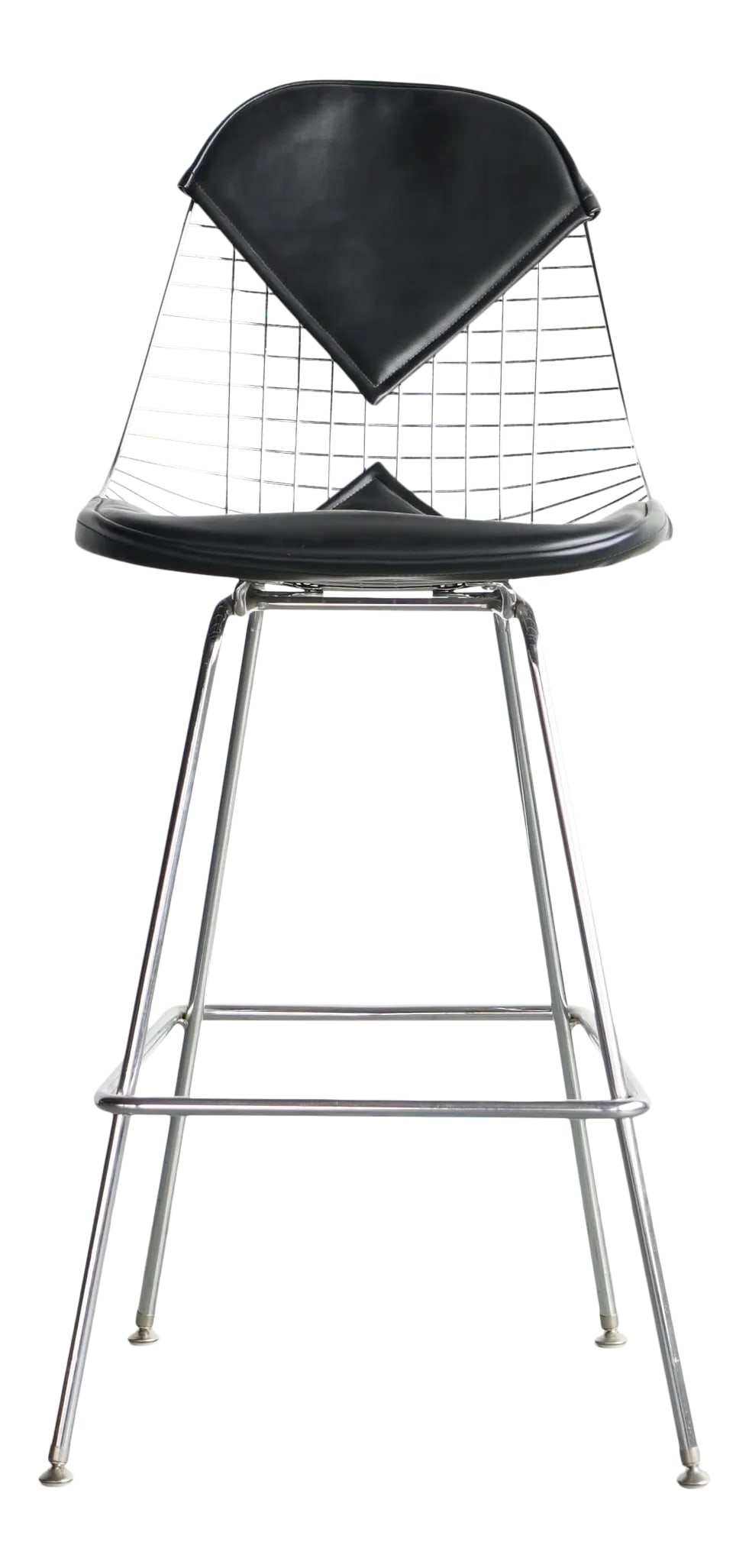 1950s Eames Wire Shell Stool With Bikini Leather Seat Pad on H Base: Designer: Charles and Ray Eames Manufacturer: Herman Miller Origin / Circa: United States, 1956 Dimensions: 18.75"W | 22"D | 42.25"H | 30" Seat Height Material: Chrome-Plated Steel, Leather Charles