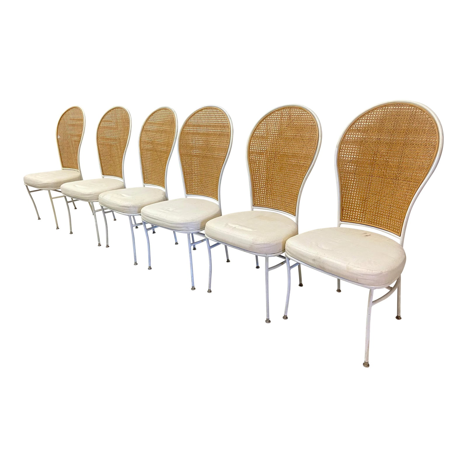 Milo Baughman for Thayer Coggin Cane Dining Chairs - Set of 6: Set of 6 Milo Baughman for Thayer Coggin dining chairs circa 1960s. The chairs have a high back made of cane and framed in a powder coated off-white metal with off-white seat pads. Retain original