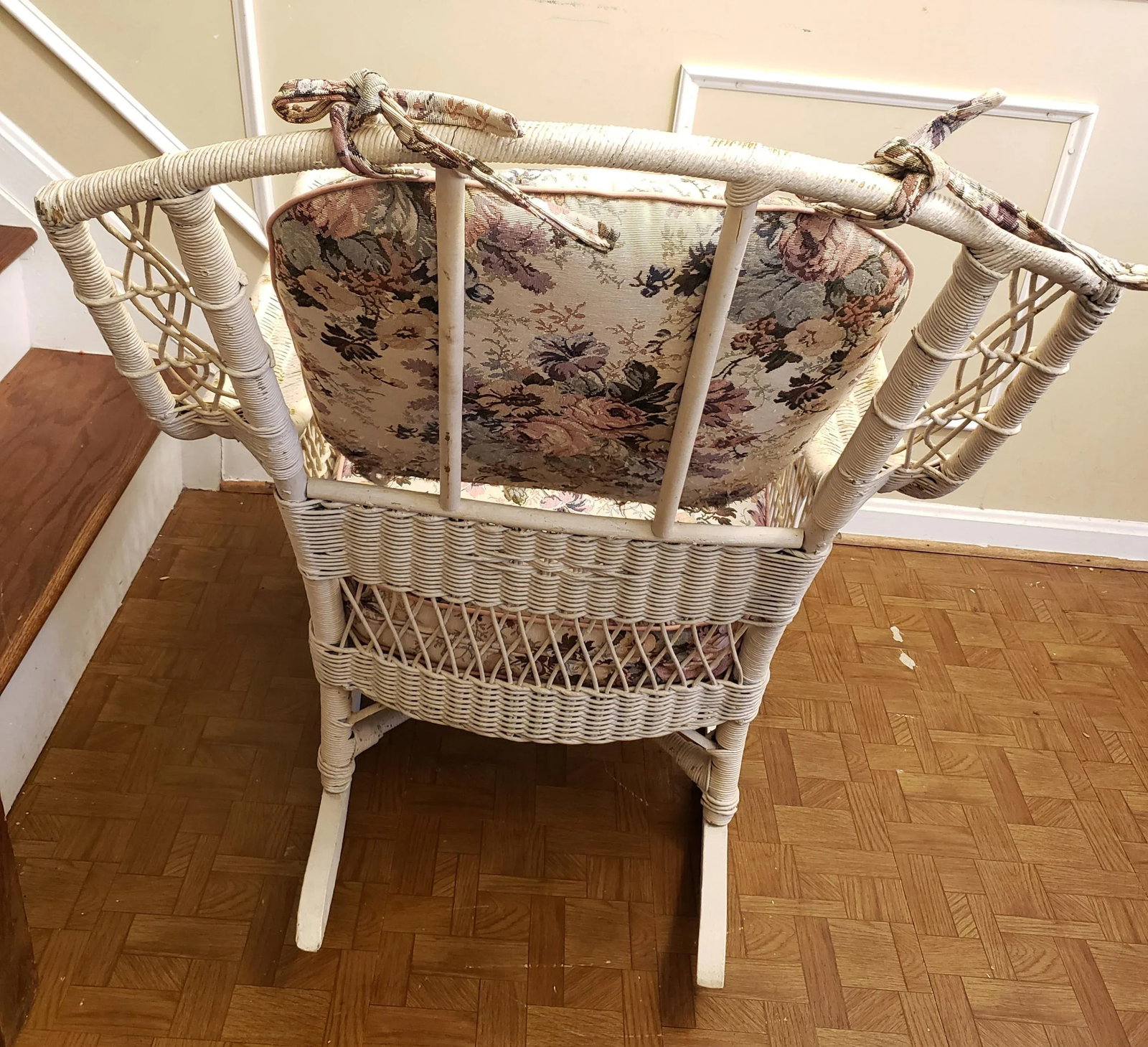 1800s Antique Heywood Wakefield Large Wicker Rocking Arm Chair With Springs Seat - 4