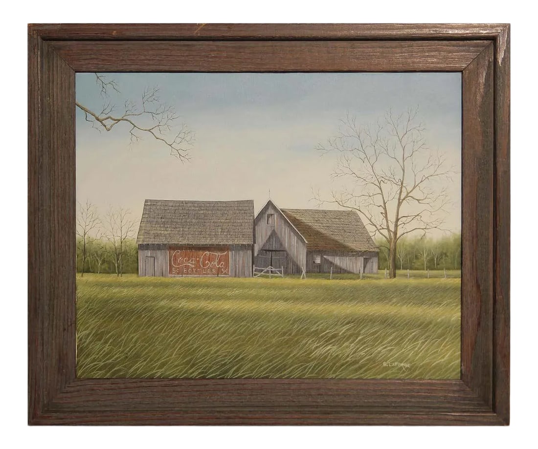 S. LaForge Naturalistic Coca-Cola Barn Farm Rural Landscape Painting: Naturalistic painting of a rural farm landscape with a barn that has the iconic red Coca-Cola sign painted on the side. Signed by the artist in the bottom right corner and currently displayed in a