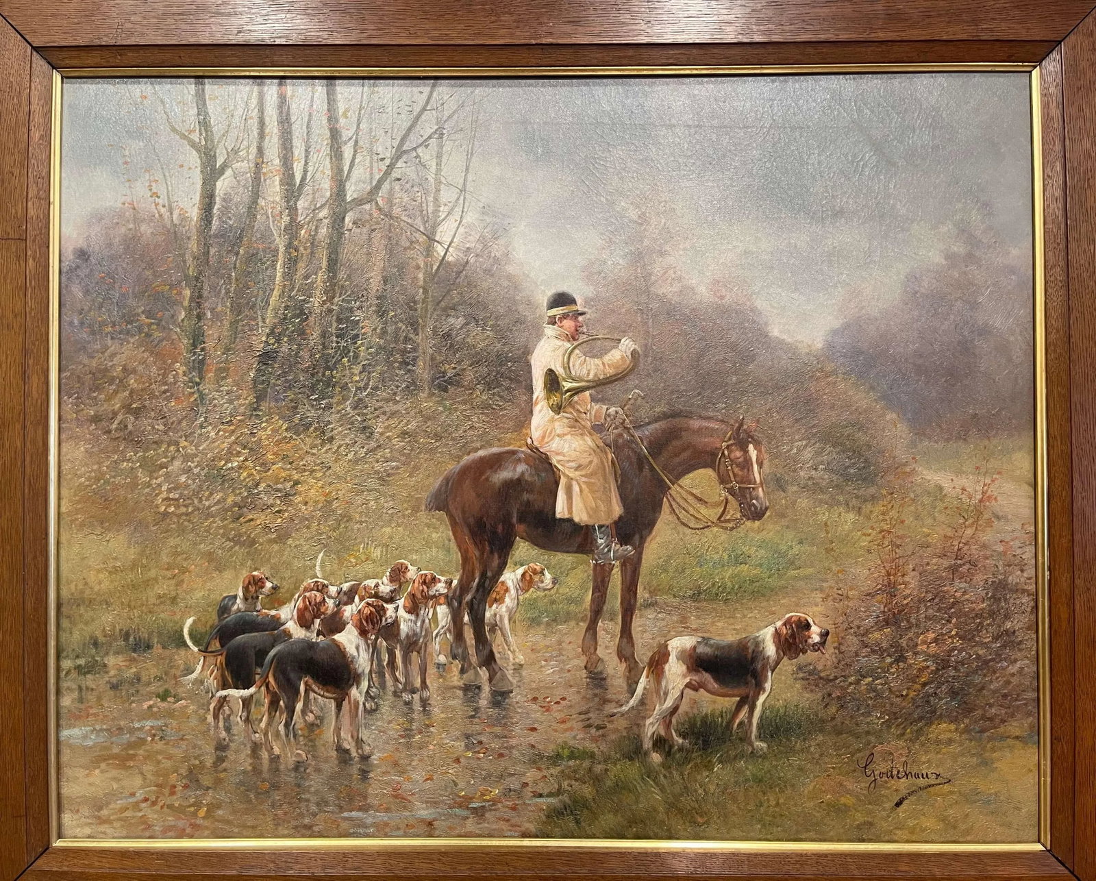 Set of Four 19th Century Framed Oil on Canvas Hunt Paintings Signed E. Godchaux - 6