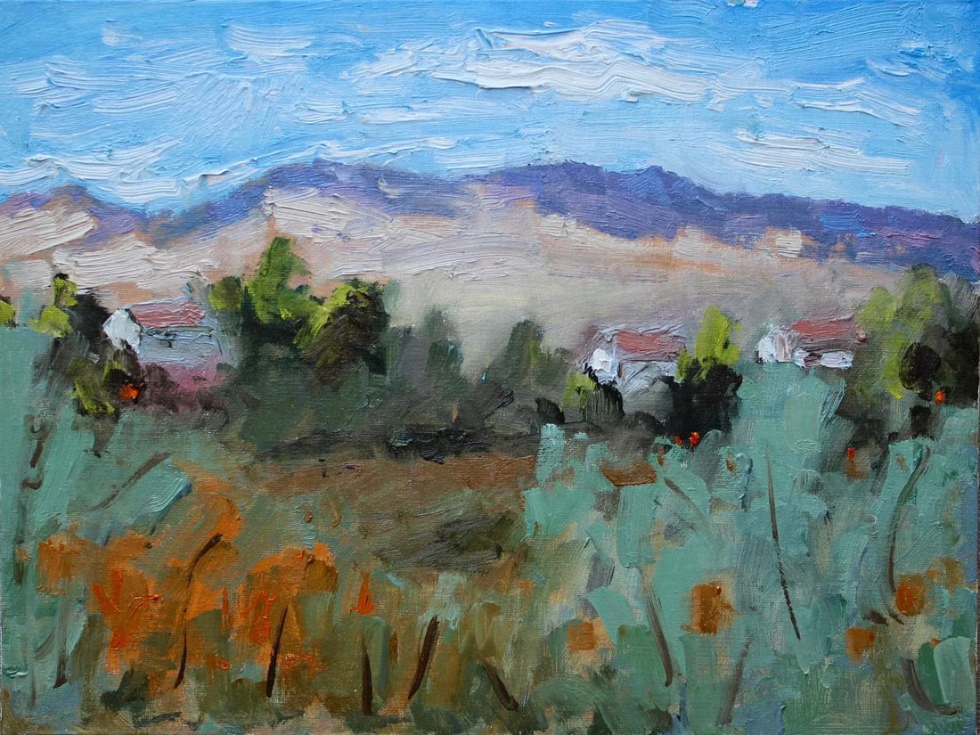 Expressionist Abstract Landscape (Plein Air Oil Painting): Quiet Places & Journeys - Abstract Reno Landscape Original oil painting by L Haas, 9 x 12 unframed linen panel, signed. Soft shapes and warm tones suggest quiet land and light. Unframed. Frames shown