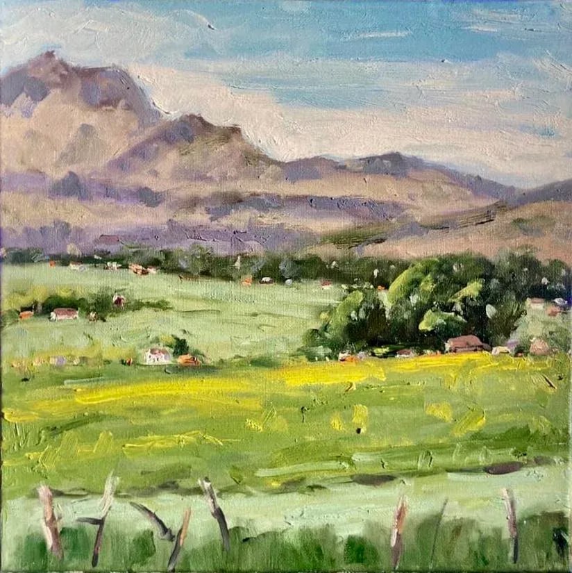 Desertscapes Farmland Oil Landscape: Smith Valley Nevada Farmland 12x12 oil on stretched canvas Unframed. Signed: Haas Frames shown are for sample only. Condition: Imperfections: No Imperfections Condition Notes: new oil painting on