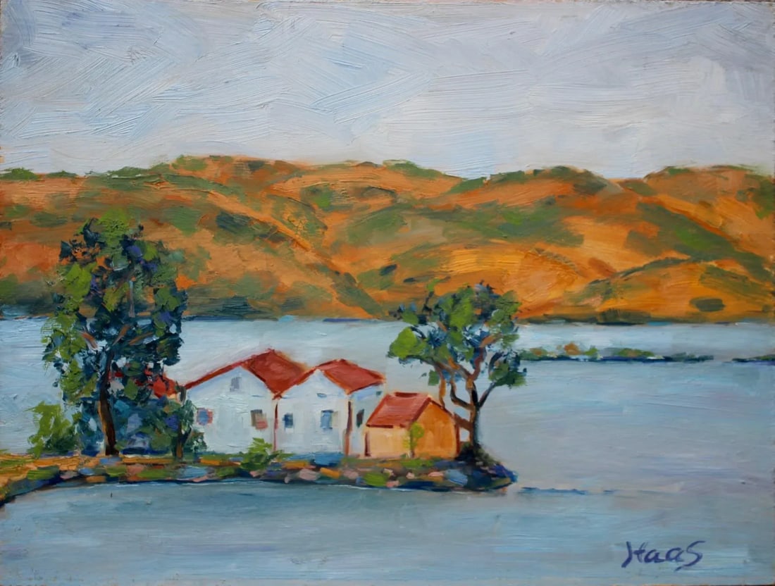 Benicia Bay, Contemporary Plein Air Landscape Oil Painting: Quiet Places & Coastal - Benicia Bay, Carquinez Straight Original oil painting by Haas, 12 x 9 unframed gessoed wood, signed. A rare offering of one of the artist's first plein air works, painted on