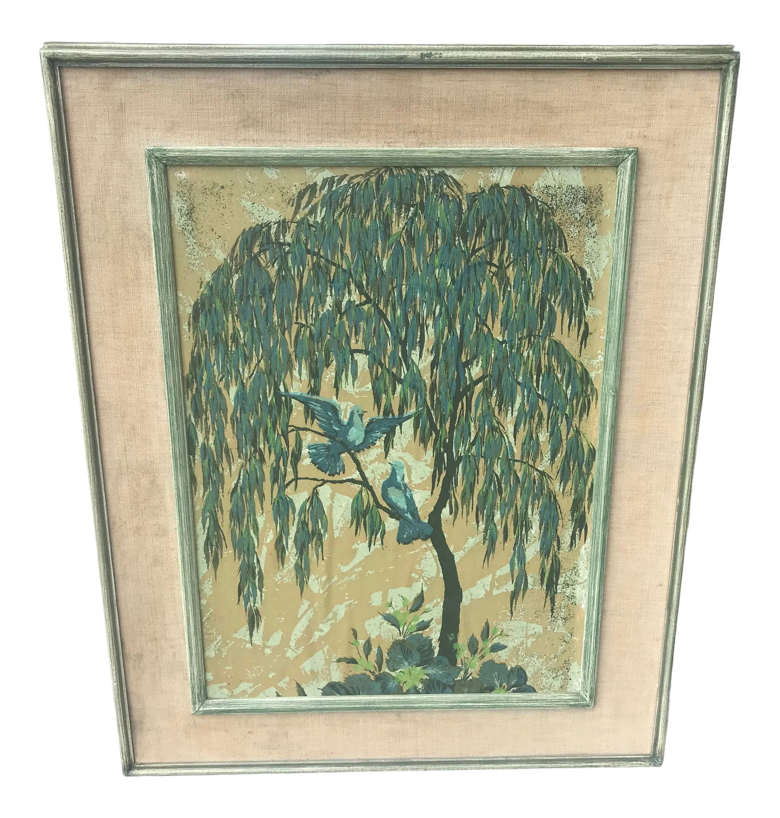 Mid 20th Century Landscape Print of Birds in a Willow Tree, Framed: Vintage European Mid Century Modern Green Birds Landscape, Willow Tree Amazing Vintage Find Wonderful Mid Century Painting On Board Gallery Owner Soft Green/Blue Colors Unmarked Good Vintage