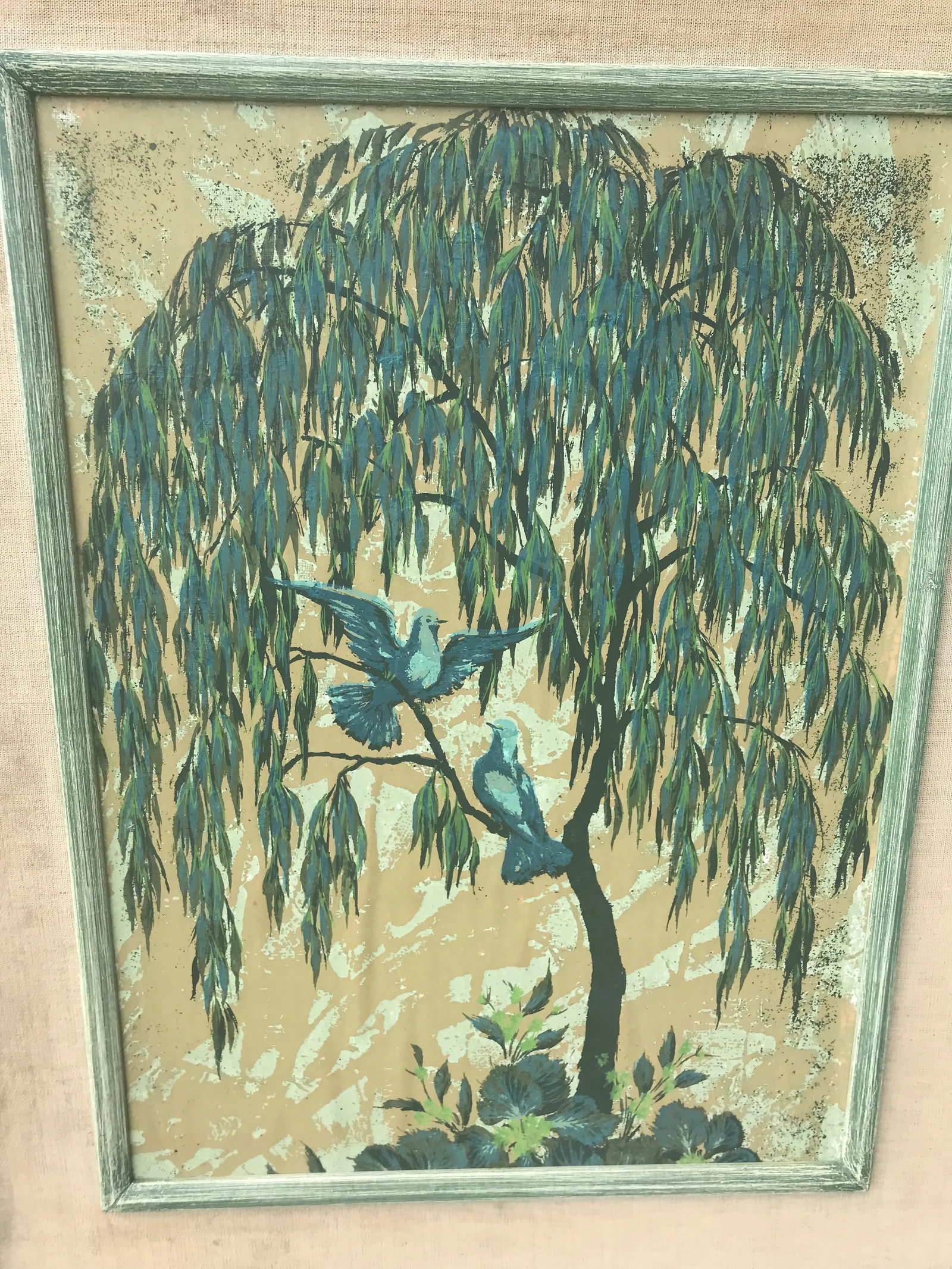 Mid 20th Century Landscape Print of Birds in a Willow Tree, Framed - 6