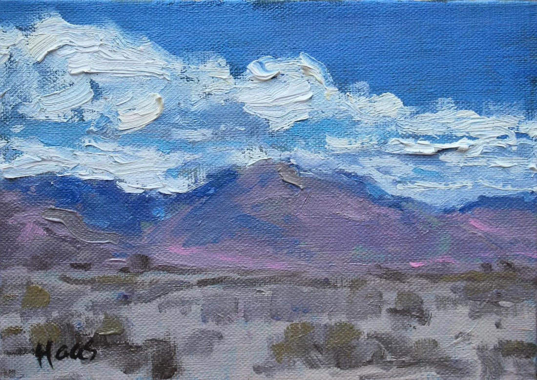Original Cloudscape American Southwest Desert Landscape - Oil Painting: Quiet Places & Desertscapes - Desert Cloudscape, Nevada Original oil painting by L Haas, 7 x 5 unframed linen panel, signed. Soft tones and gentle cloud forms suggest peaceful sky and open land. Unfra