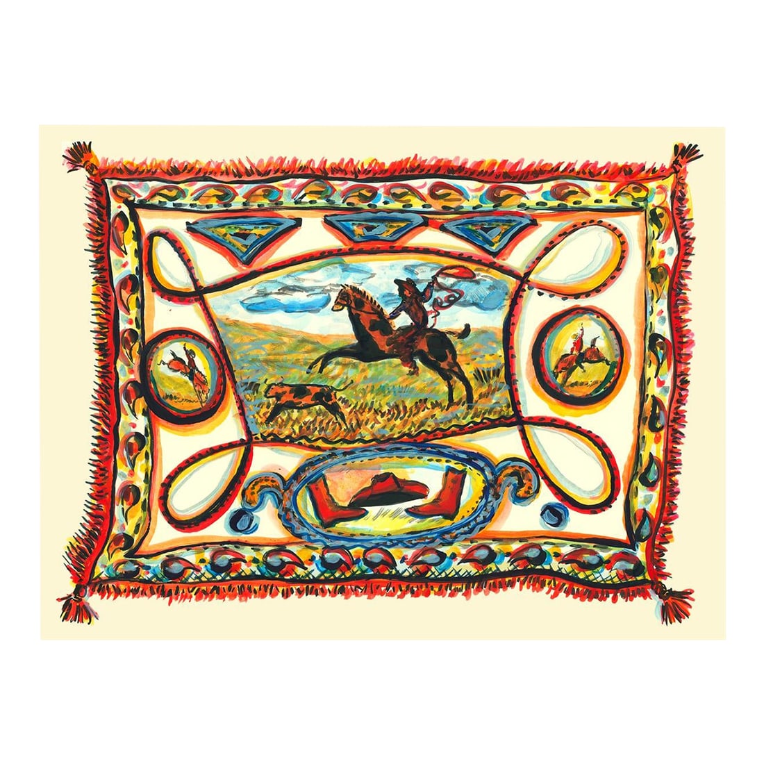 Lasso Cowboy Original Watercolor Figurative Contemporary by Pauline De Roussy De Sales: Bandana inspired motif featuring a roping cowboy against a an open sky landscape. Condition: Imperfections: No Imperfections Condition Notes: This is an original one of a kind watercolor on 100% cotto