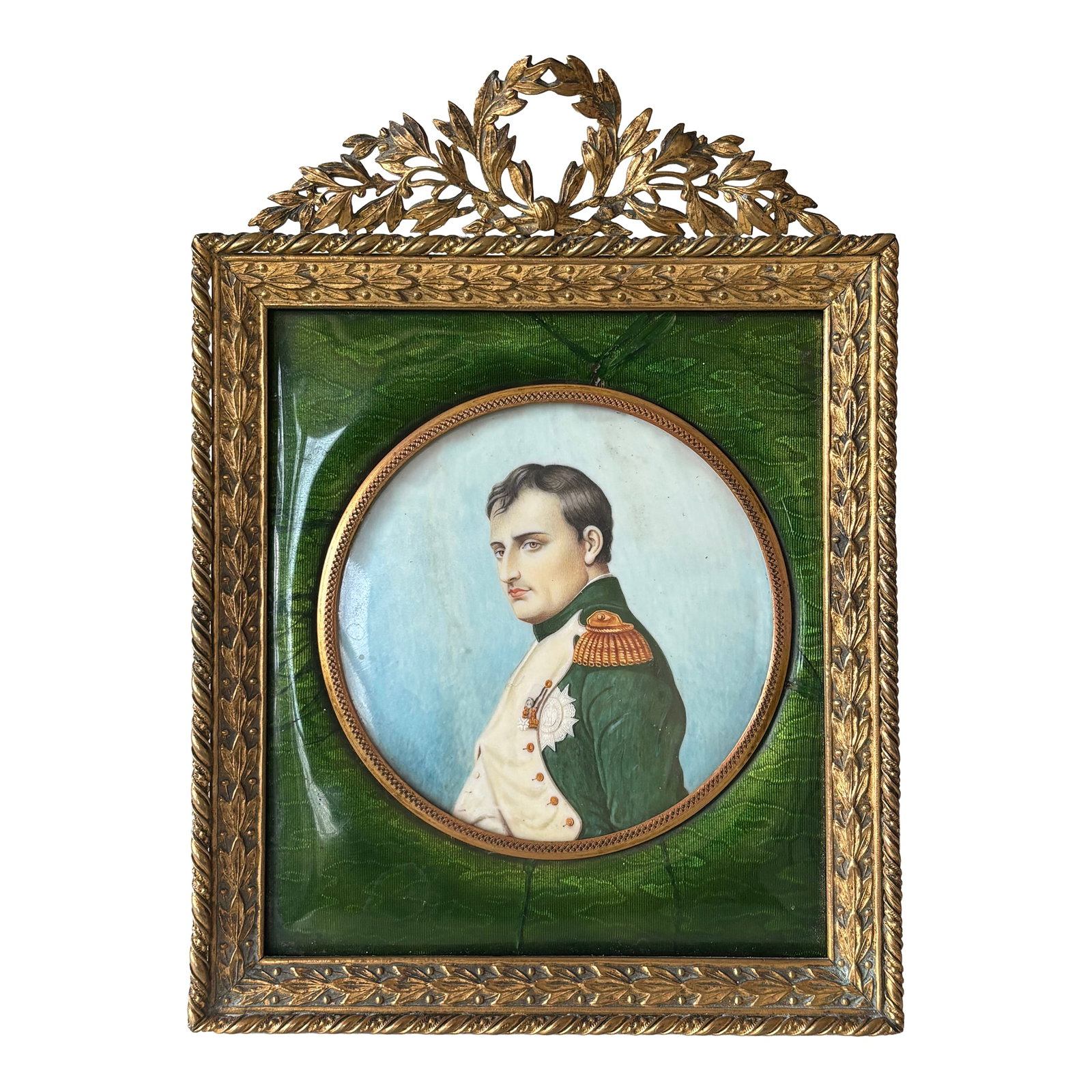 Antique French Napoleon Bonaparte Miniature Portrait in Empire Gilt Frame: A fine antique French miniature portrait depicting Napoleon Bonaparte in imperial uniform, finely rendered in profile with medal and epaulettes. The portrait is mounted under convex glass against its