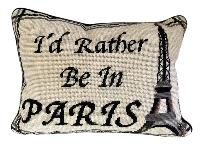 Contemporary Black & Off White I'd Rather Be in Paris Needlepoint Pillow: Contemporary Black & Off White I'd Rather Be in Paris Needlepoint Pillow, zipper closing with black velvet backing . No makers mark , lightly used in excellent condition. 16"L X 12"H Condition: