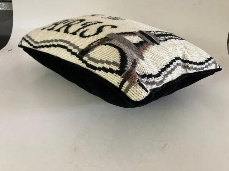 Contemporary Black & Off White I'd Rather Be in Paris Needlepoint Pillow - 2