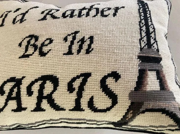 Contemporary Black & Off White I'd Rather Be in Paris Needlepoint Pillow - 3