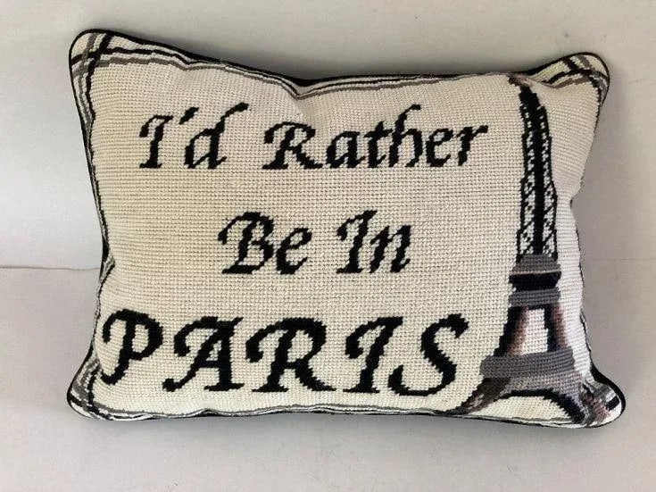 Contemporary Black & Off White I'd Rather Be in Paris Needlepoint Pillow - 5