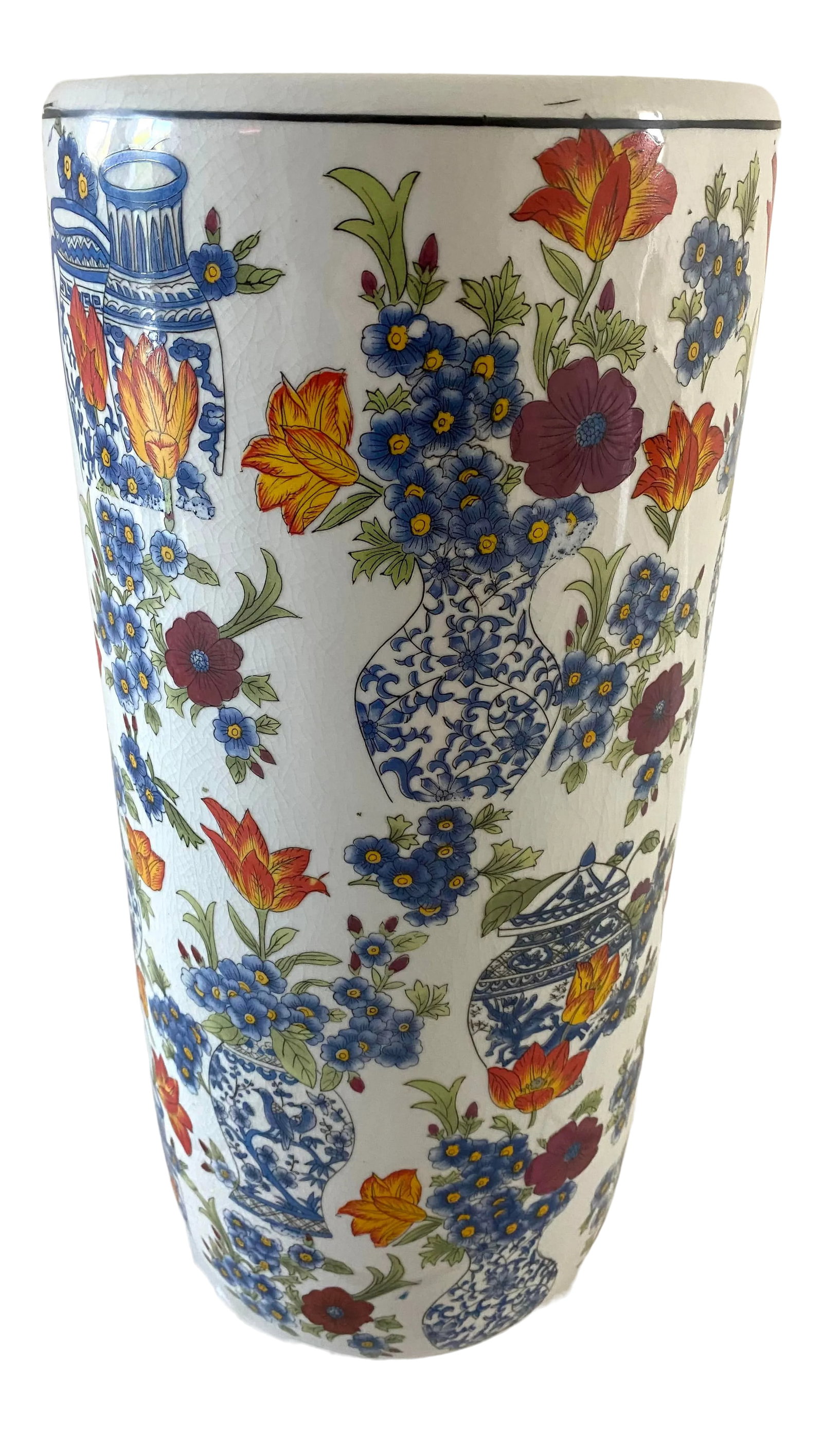 Floral Chinoiserie Ginger Jar Umbrella Stand: Lovely ceramic hand painted floral blue and white ginger jar umbrella stand. Condition: Alterations: Original Condition Unaltered Imperfections: Some Imperfections Condition Notes: Condition consisten
