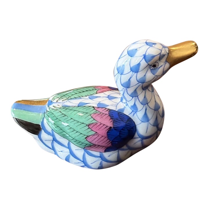 Vintage MCM Pristine Herend Duck Figurine: Add timeless European elegance to your collection with this exquisite Herend duck figurine, pattern #15336, beautifully hand-painted in the iconic Blue Fishnet design and finished with luxurious 24K g
