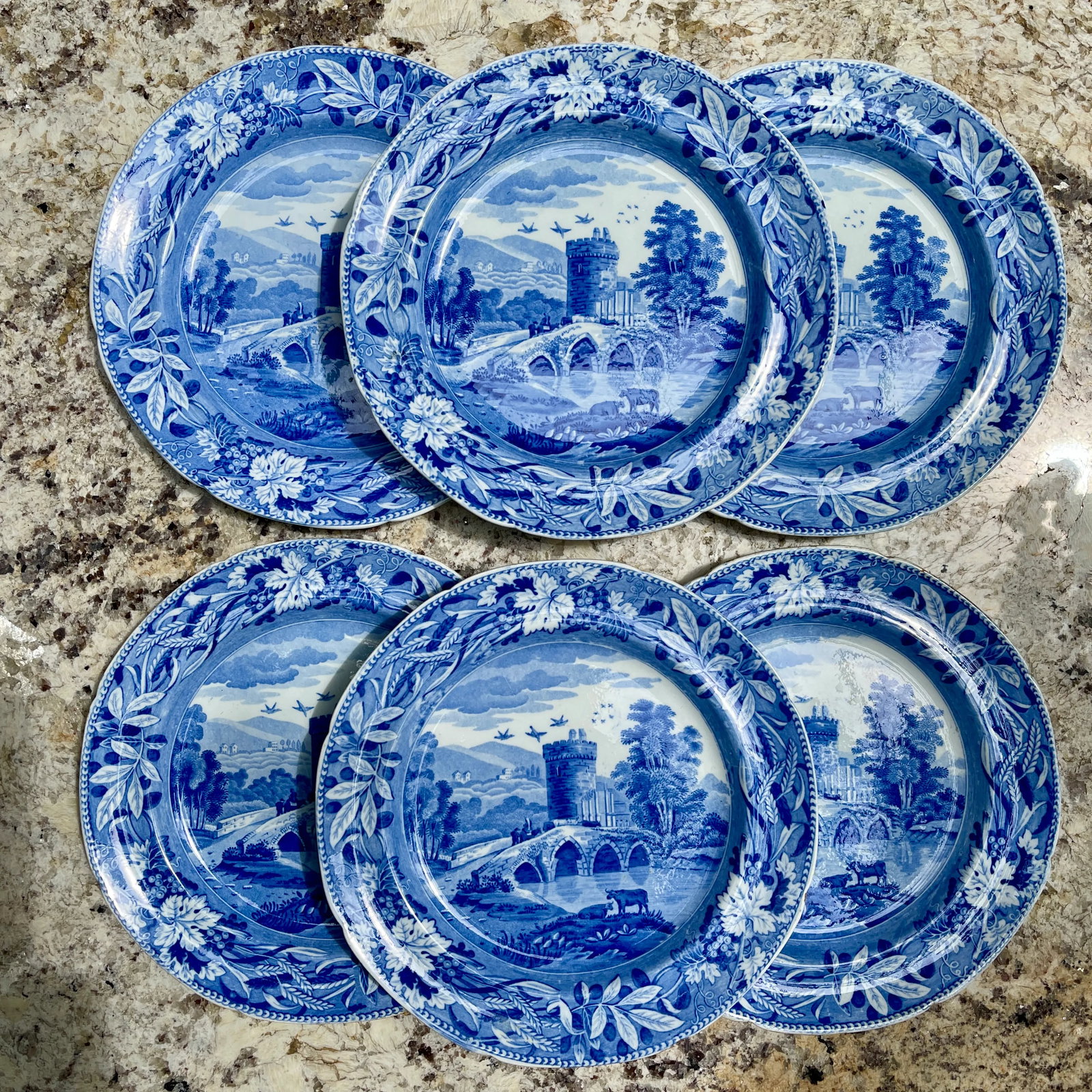 Spode 'Bridge of Lucano' Blue Transferware Dinner Plates Circa 1820 Set/6 - 13