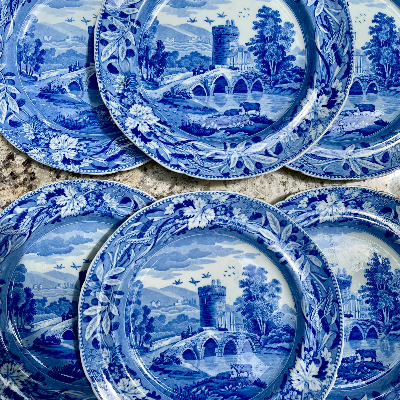 Spode 'Bridge of Lucano' Blue Transferware Dinner Plates Circa 1820 Set/6 - 5