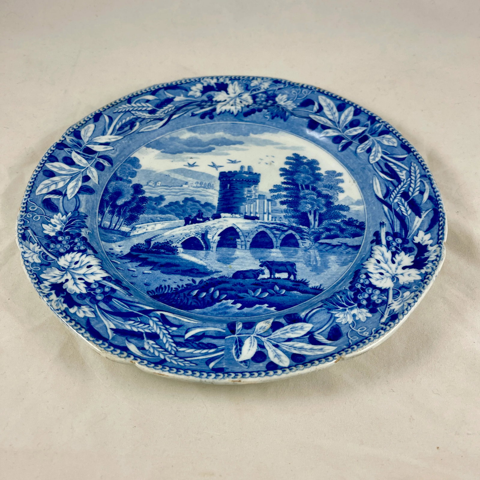 Spode 'Bridge of Lucano' Blue Transferware Dinner Plates Circa 1820 Set/6 - 8