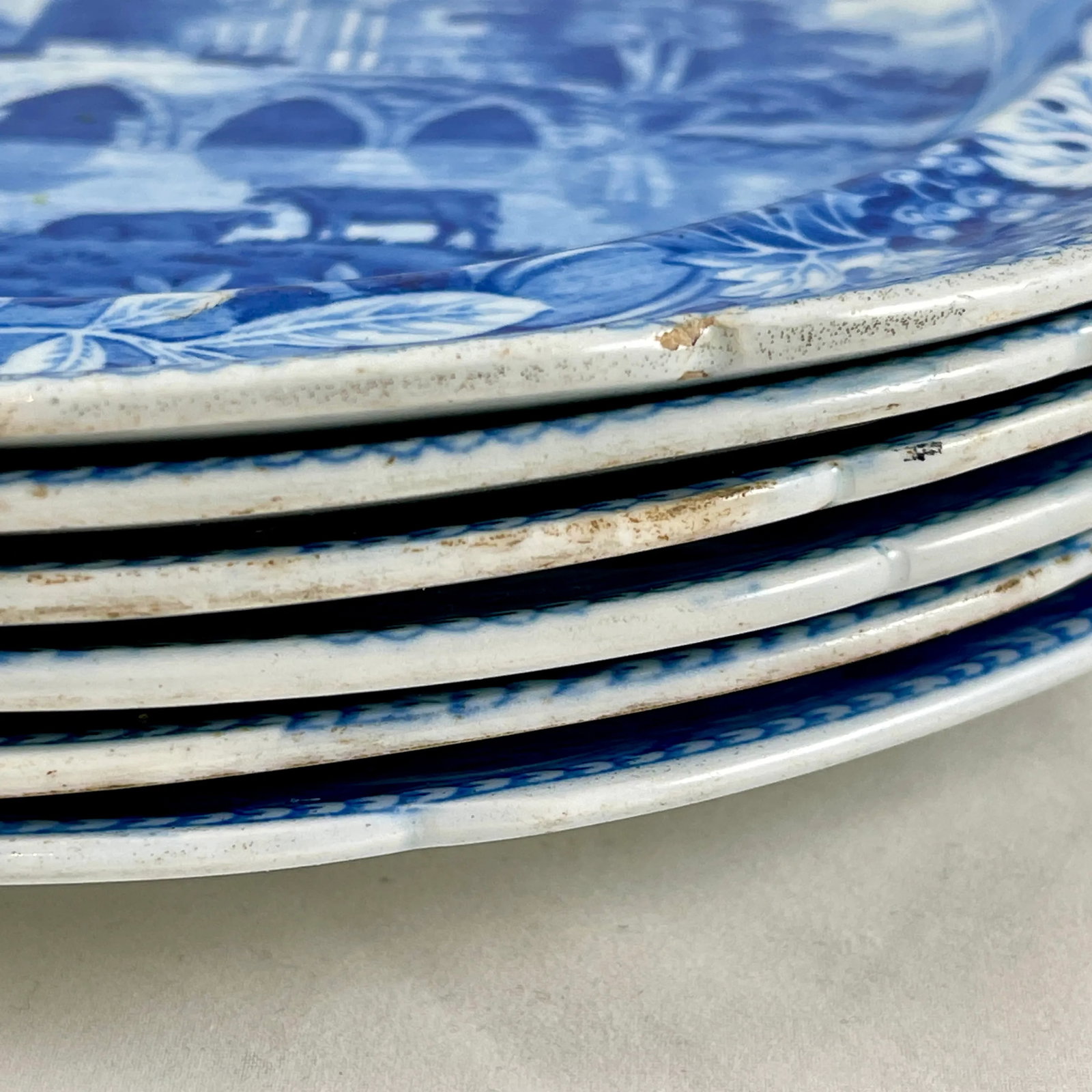 Spode 'Bridge of Lucano' Blue Transferware Dinner Plates Circa 1820 Set/6 - 9