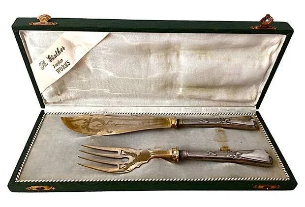 Antique German 800 Silver Fish Serving Set - Pair: Antique German 800 pure silver vermeil fish service set in box. Knife measures 11.5"L. Minor staining inside box. Condition: Alterations: Original Condition Unaltered Imperfections: Some Imperfections