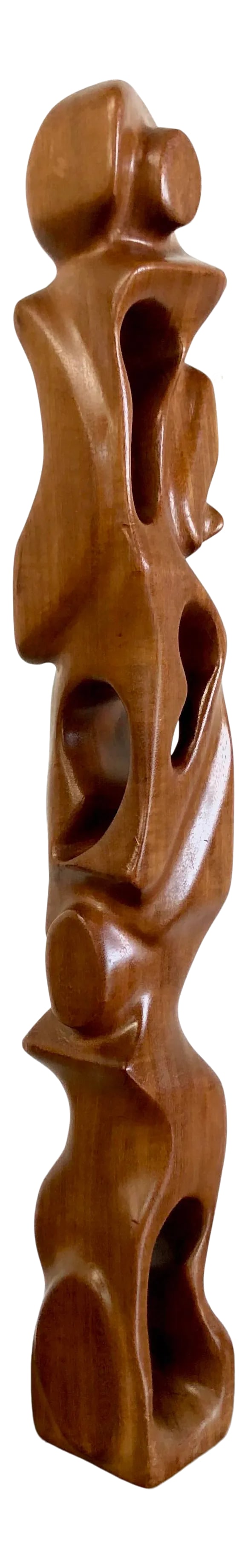 Mid-Century Signed Artist-Handcrafted Abstract Totem Sculpture: A mid-century signed, artist-handcrafted abstract totem sculpture featuring flowing curves, extrusions and carved through forms allowing light and negative space to balance the piece. The satin sheen 