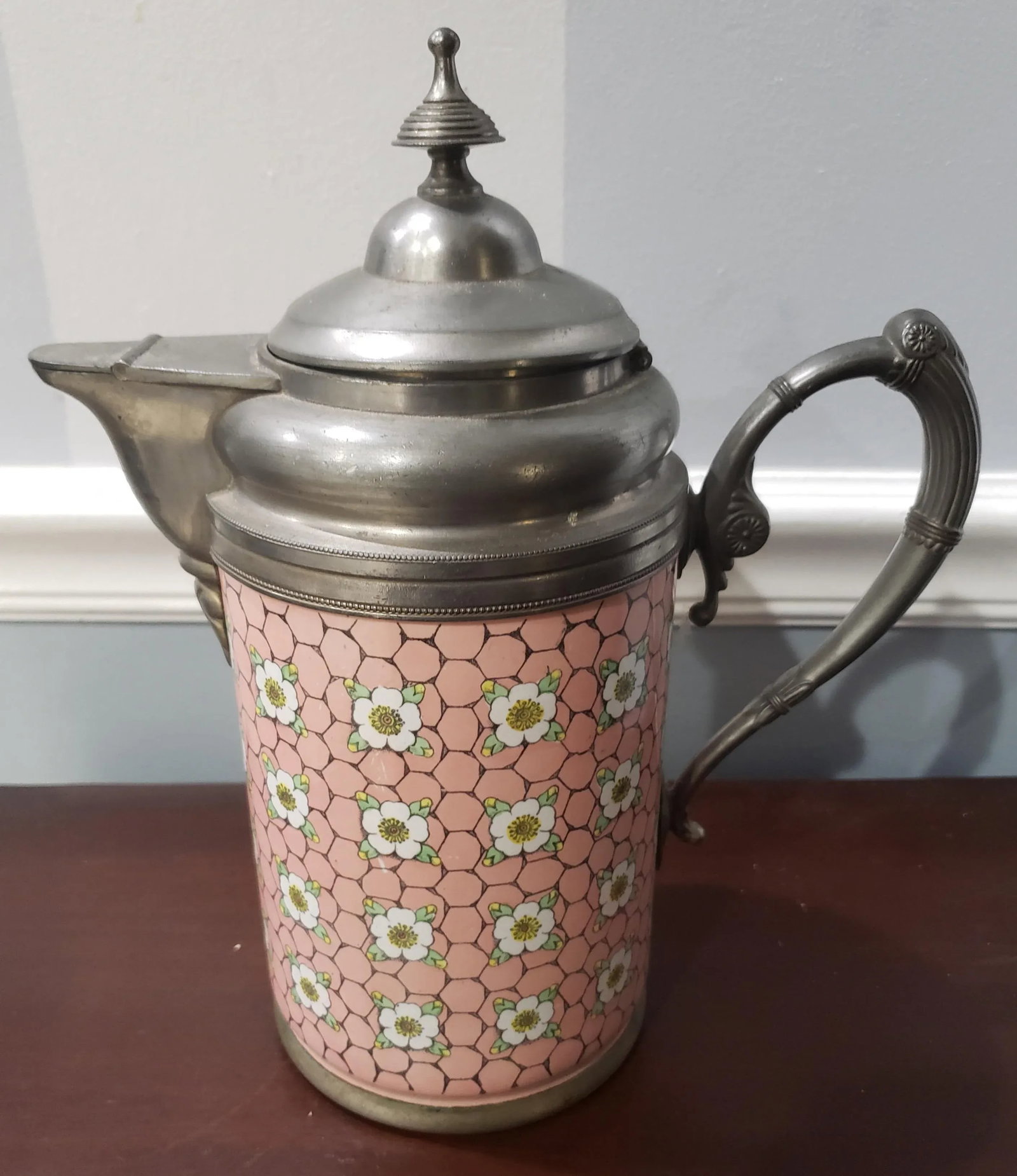 Antique American Manning, Bowman & Co. Pewter Trimmed Graniteware Pink Enameled Tea Pot - 2