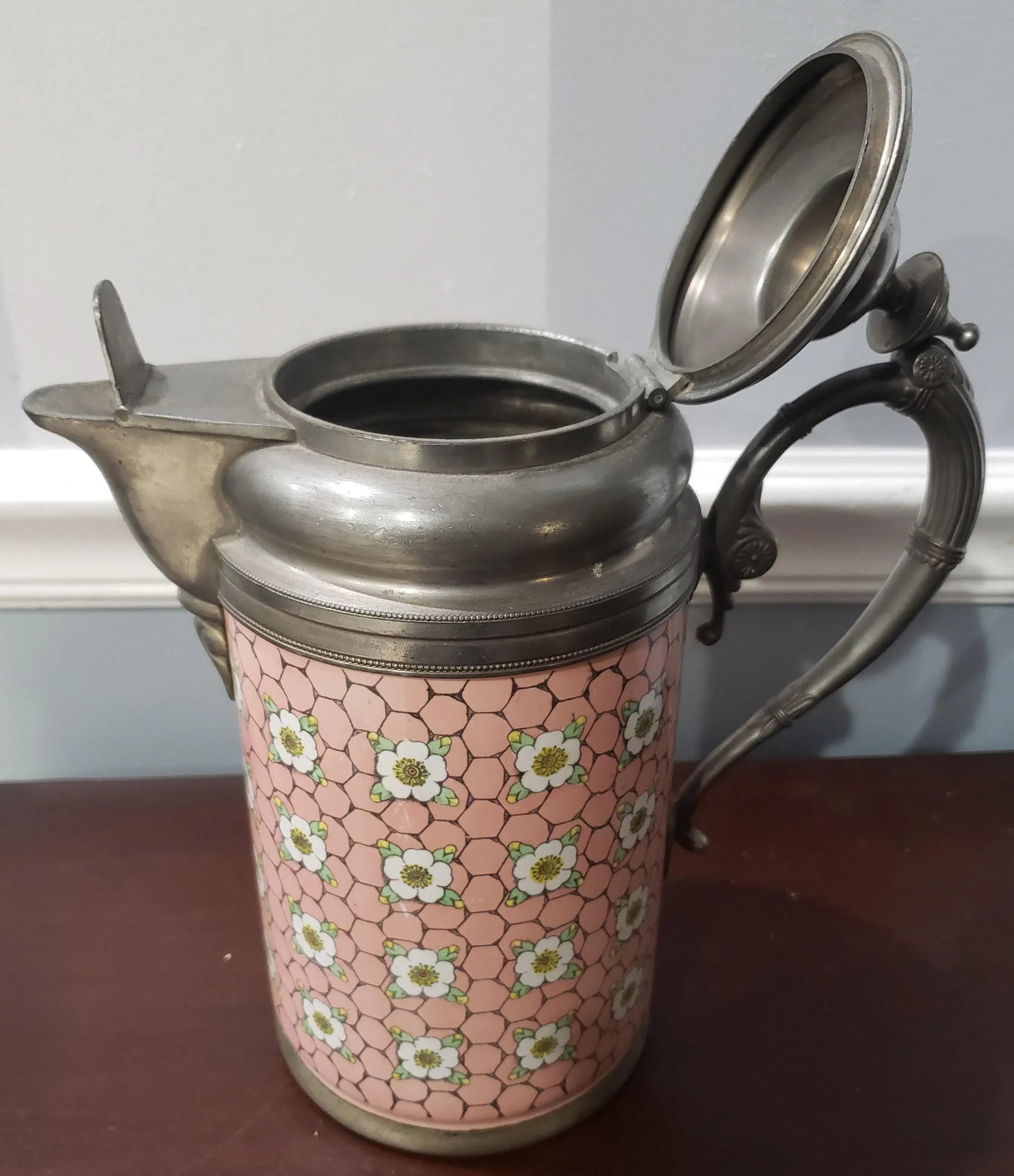 Antique American Manning, Bowman & Co. Pewter Trimmed Graniteware Pink Enameled Tea Pot - 3