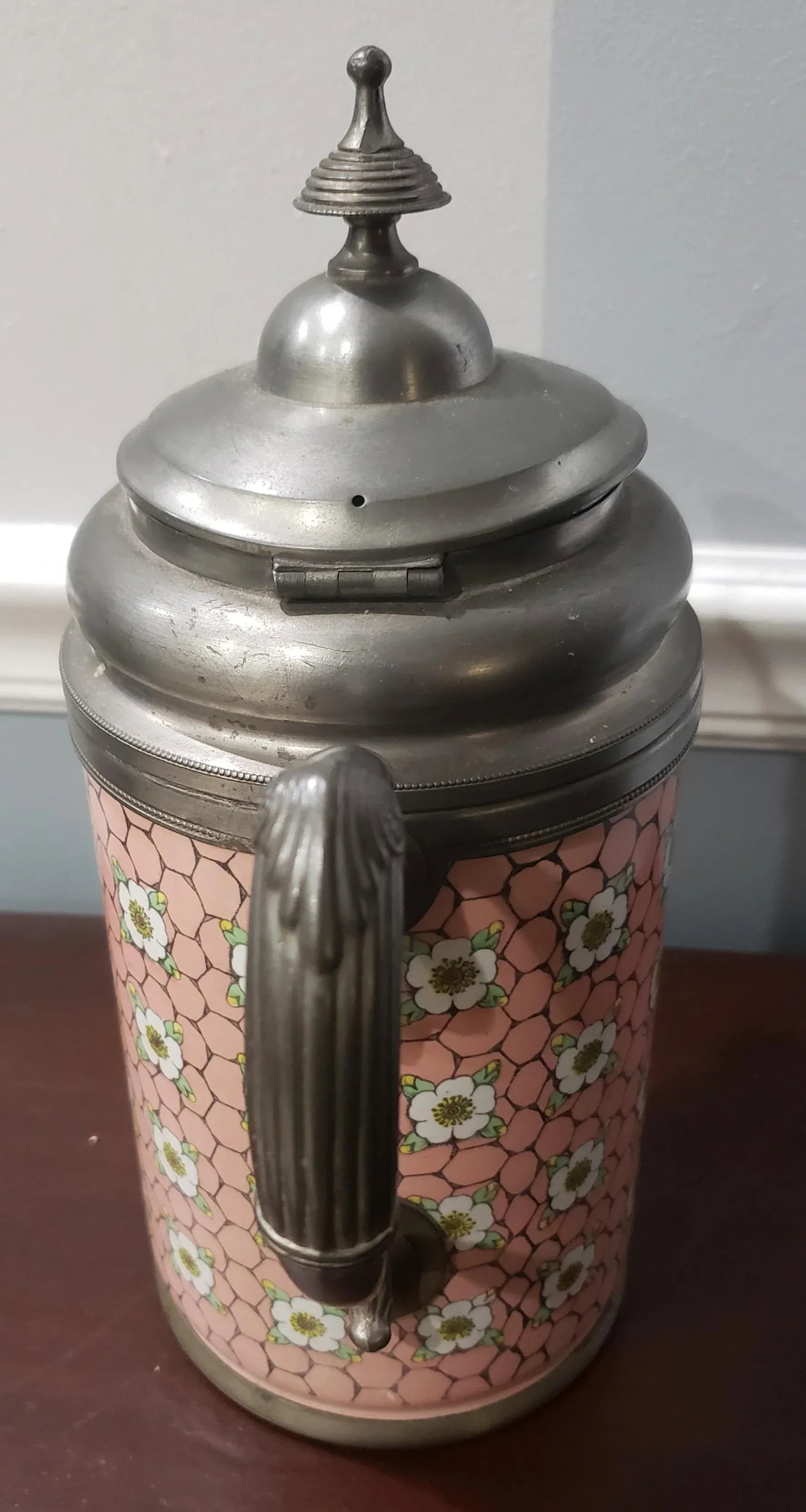 Antique American Manning, Bowman & Co. Pewter Trimmed Graniteware Pink Enameled Tea Pot - 4