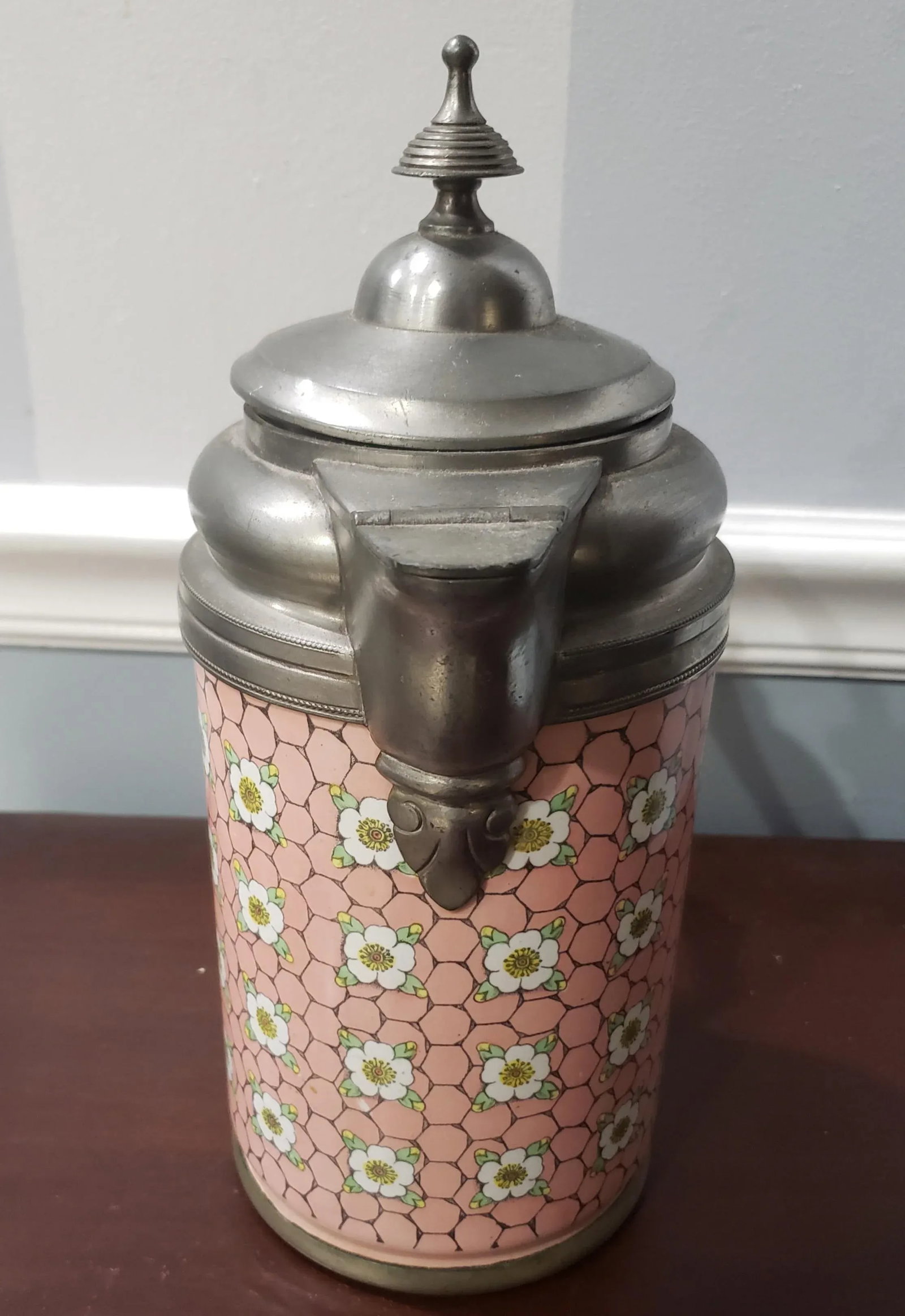 Antique American Manning, Bowman & Co. Pewter Trimmed Graniteware Pink Enameled Tea Pot - 5