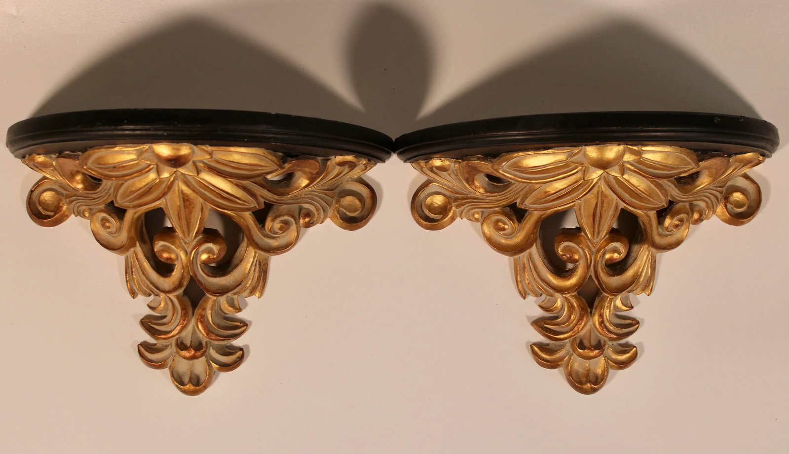 Vintage Art Nouveau French Gold and Black Wooden Wall Shelves - A Pair - 2
