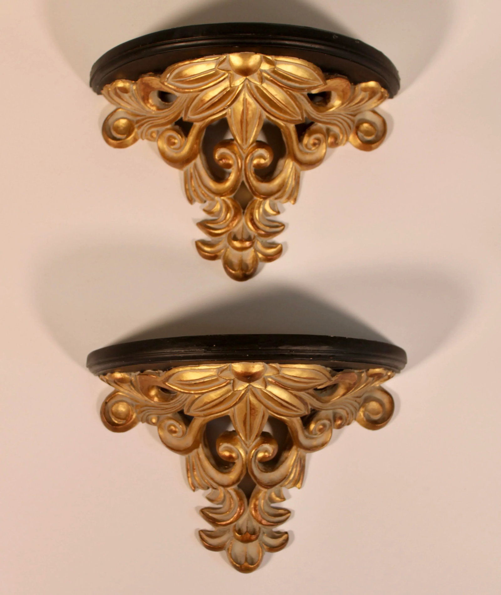 Vintage Art Nouveau French Gold and Black Wooden Wall Shelves - A Pair - 5