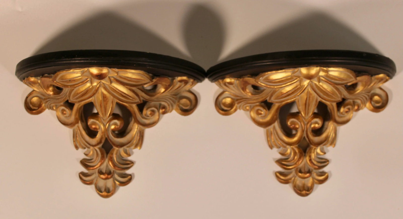 Vintage Art Nouveau French Gold and Black Wooden Wall Shelves - A Pair - 7