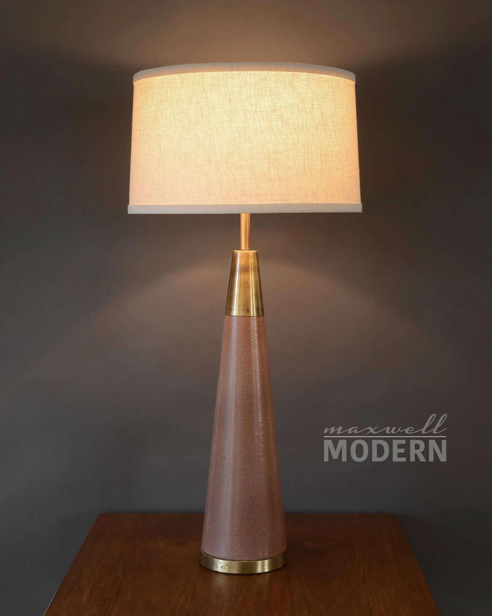 Large 1950s Mid Century Cone-Shaped Crackle Ceramic and Brass Table Lamp - 2