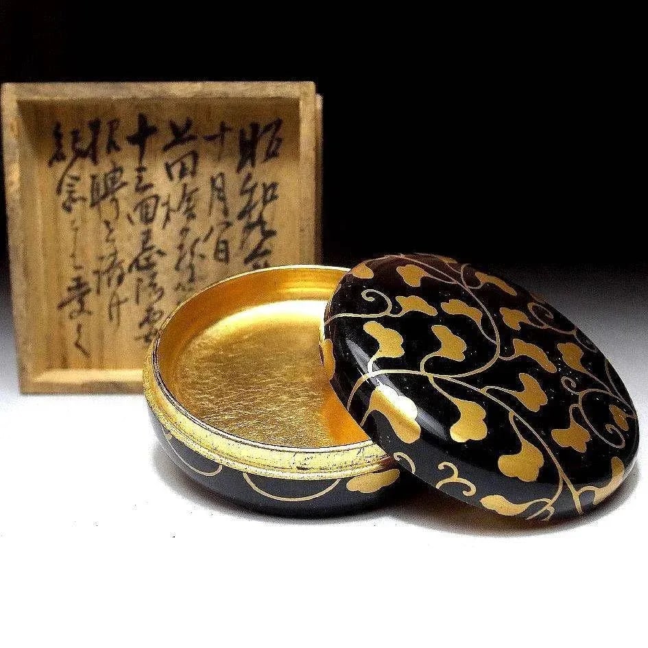 1930s Early 20th Century Japanese Kogo Incense Box Wood Gold Leaf Samurai Makie Lacquer Lidded - 7