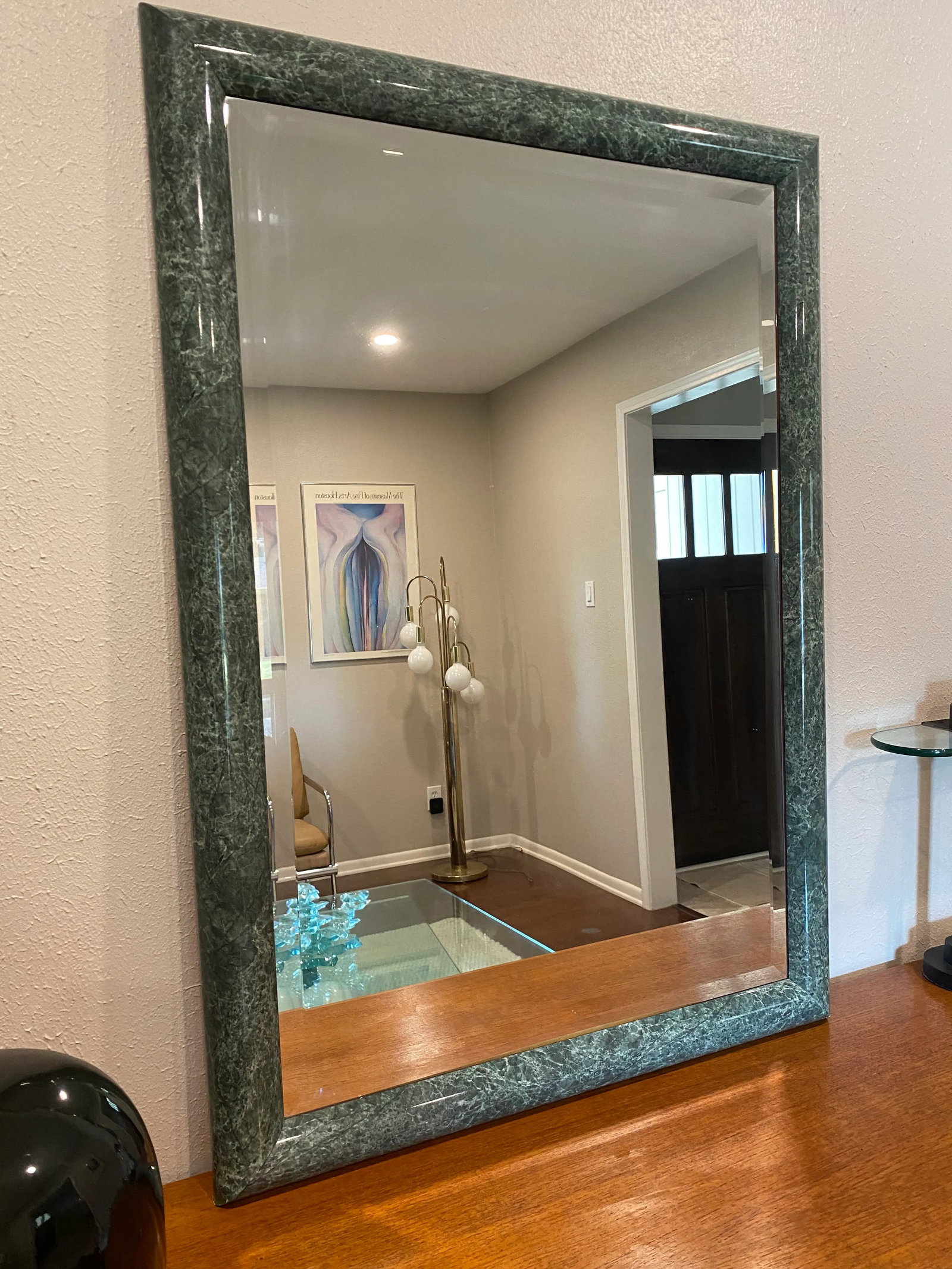 Vintage 80's Post Modern Green Faux Marble Large Wood Mirror - 5