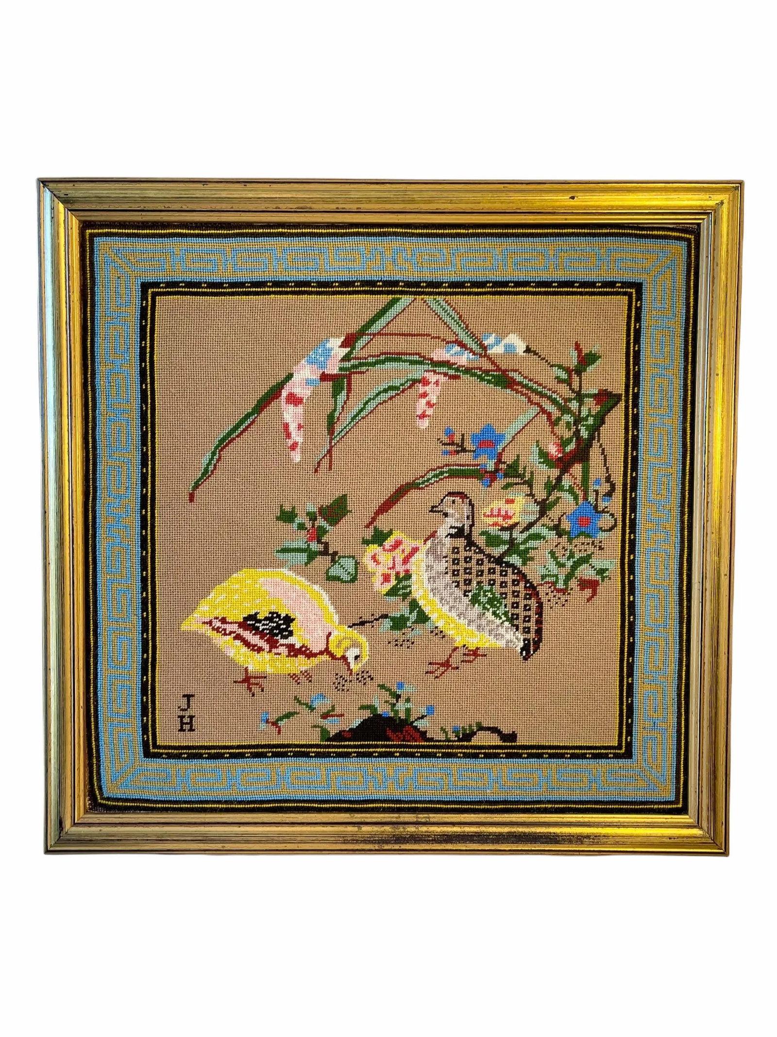 Early 20th Century Asian Pheasant Bird Motif Needle Point Wall Art Framed - 12