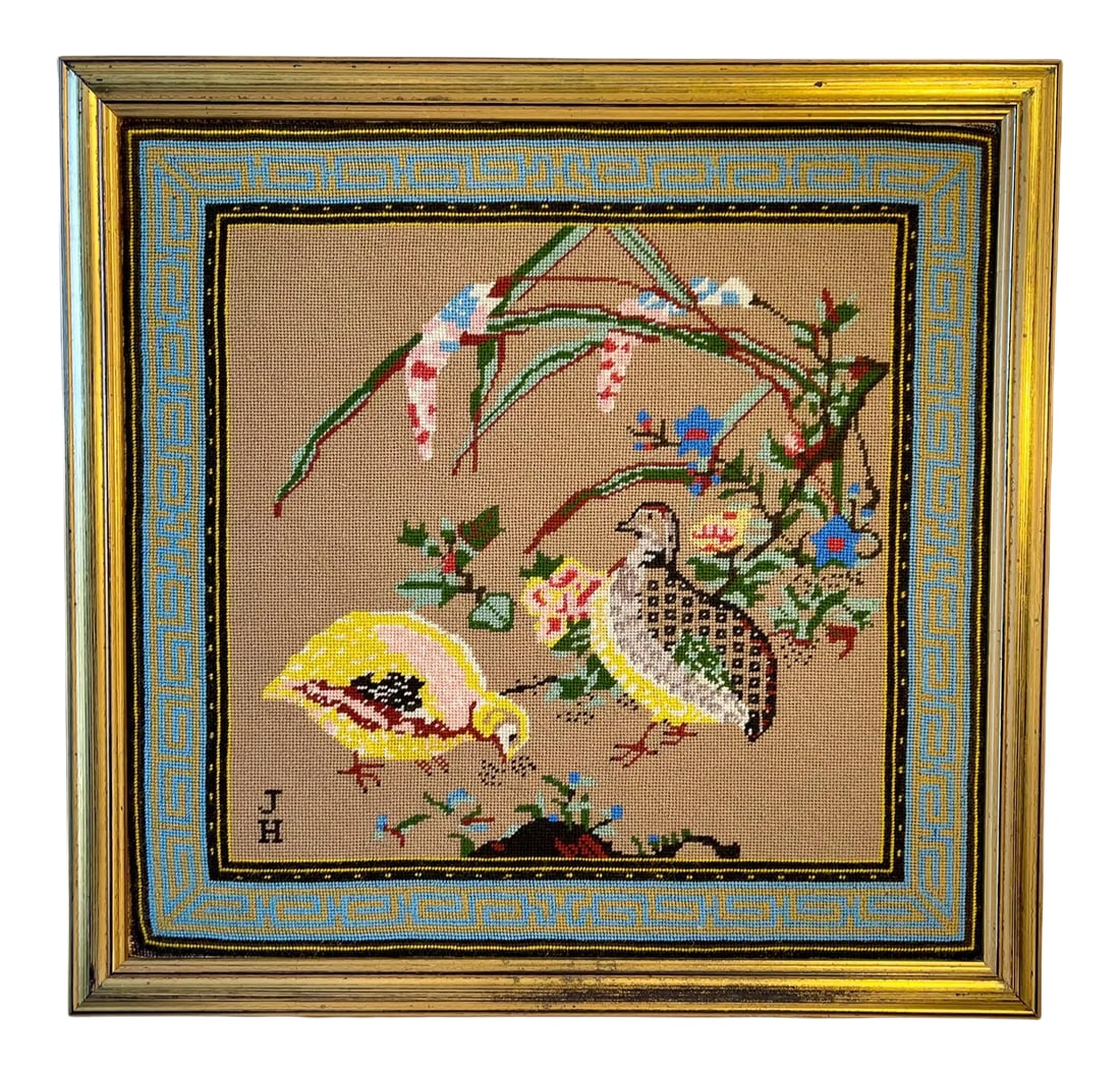 Early 20th Century Asian Pheasant Bird Motif Needle Point Wall Art Framed: Beautiful Asian Pheasant Bird Motif Needle Point Wall Art in a beautiful Gold gilt frame Condition: Alterations: Original Condition Unaltered Imperfections: Some Imperfections Condition Notes: