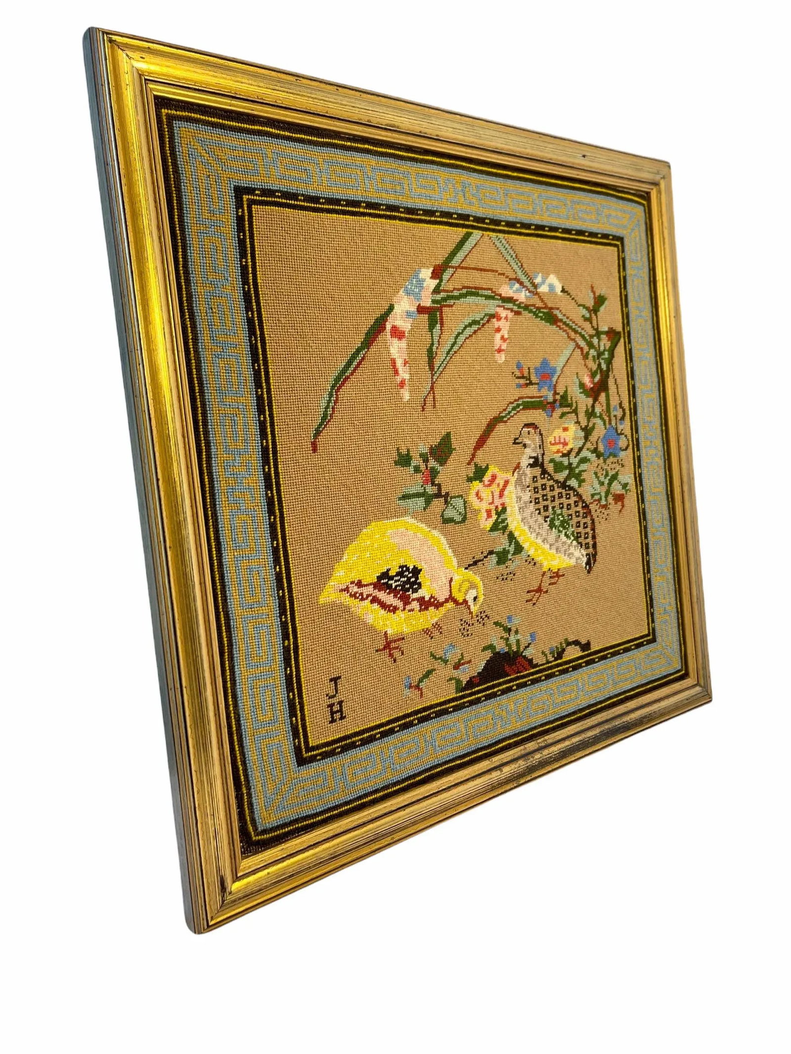 Early 20th Century Asian Pheasant Bird Motif Needle Point Wall Art Framed - 3