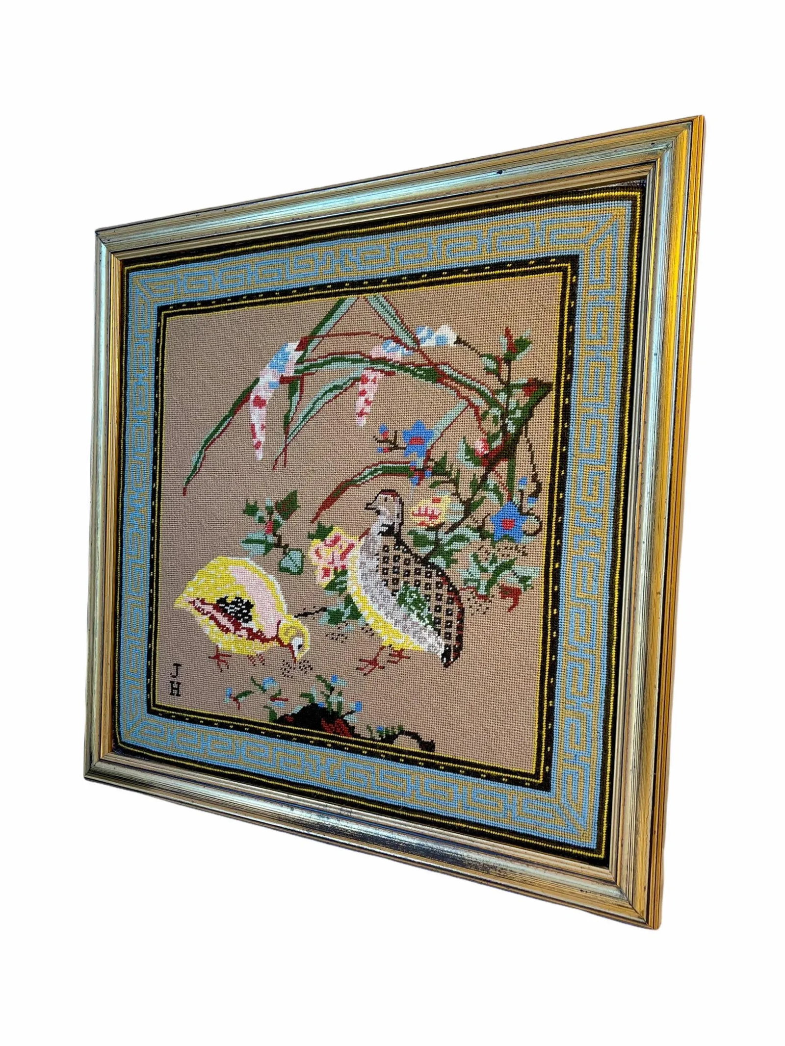Early 20th Century Asian Pheasant Bird Motif Needle Point Wall Art Framed - 4