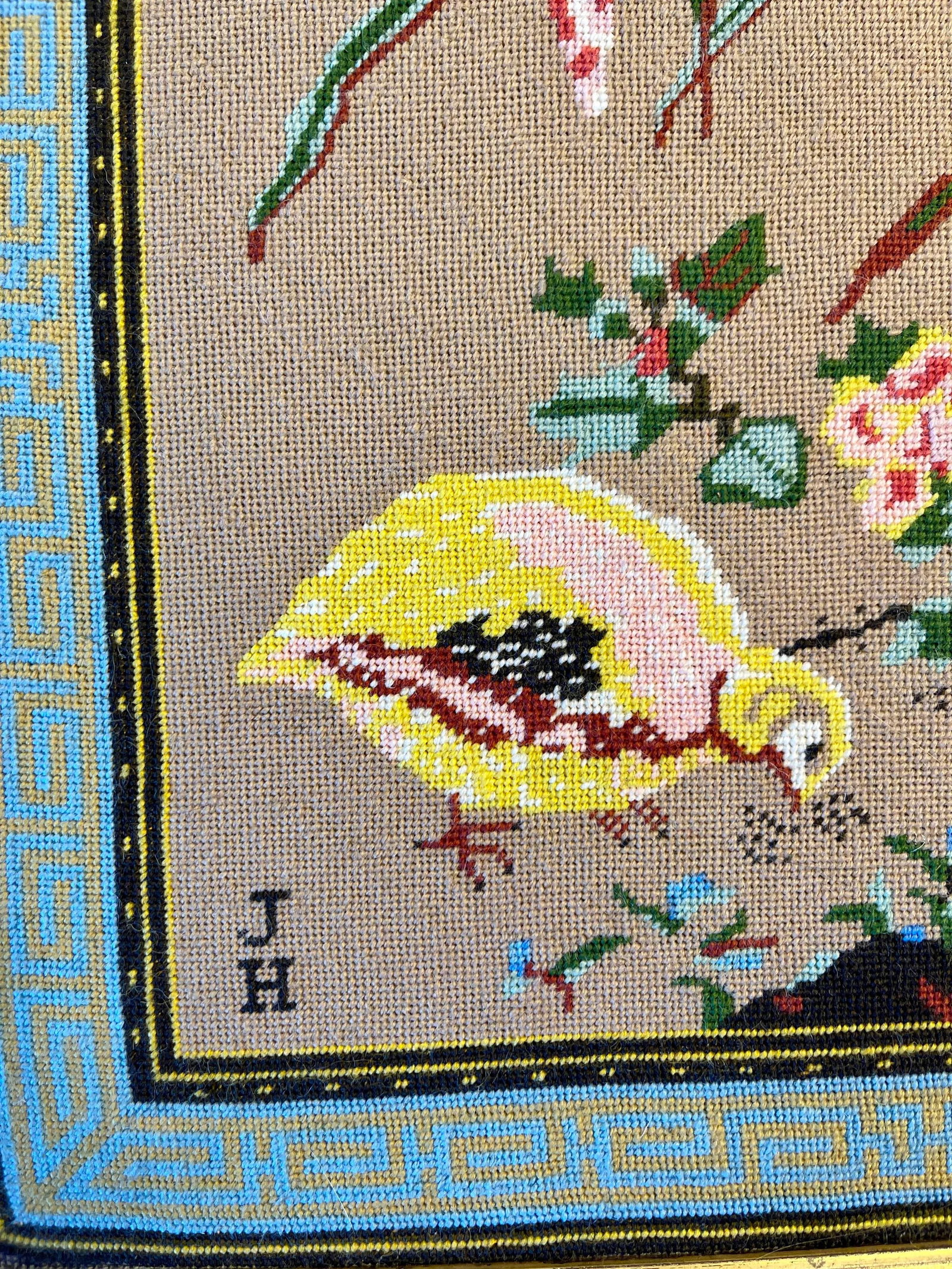 Early 20th Century Asian Pheasant Bird Motif Needle Point Wall Art Framed - 7