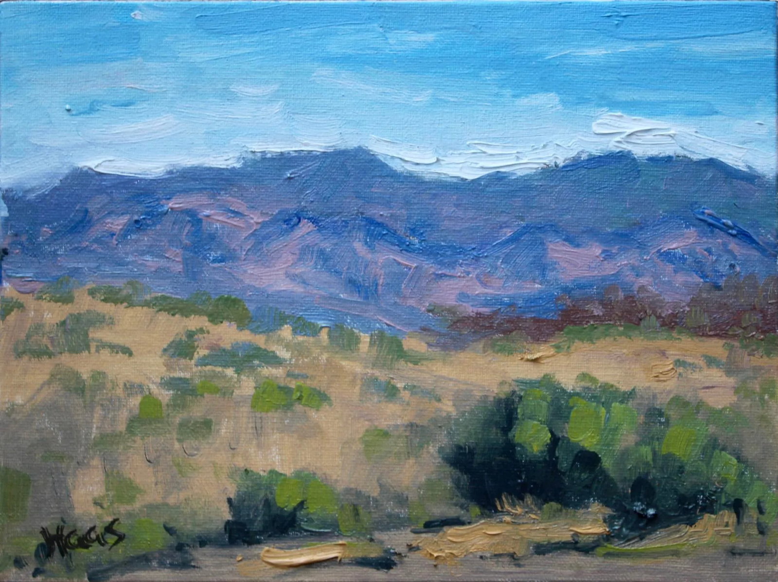 Abstract American Southwest Desert Landscape Oil Painting: Quiet Places & Desertscapes - Abstract Desert Landscape, Nevada Original oil painting by L Haas, 8 x 6 unframed linen panel, signed. Soft tones and simple shapes suggest quiet desert light and space.